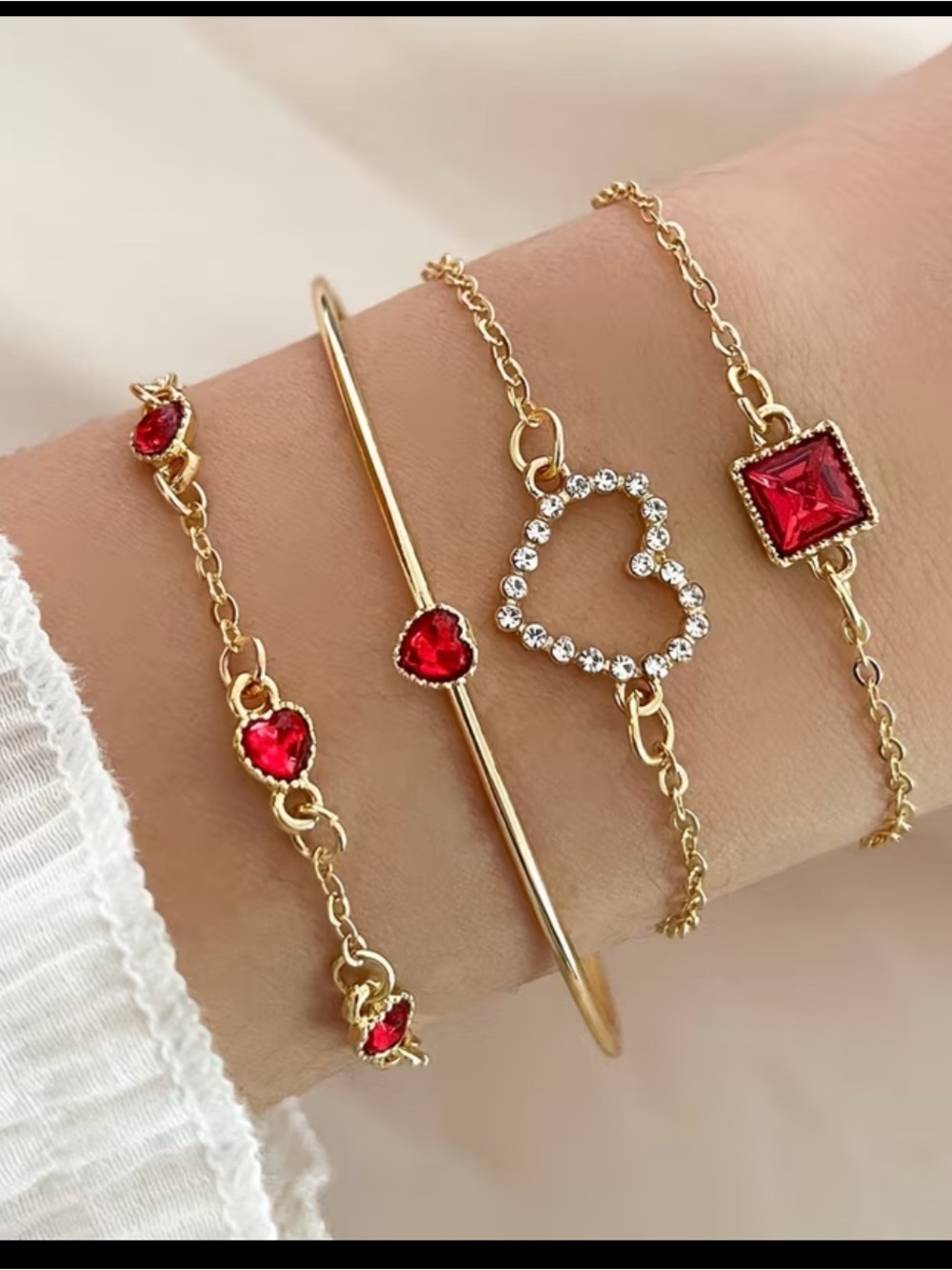 Gold Bracelet Set with Red Crystal Accents